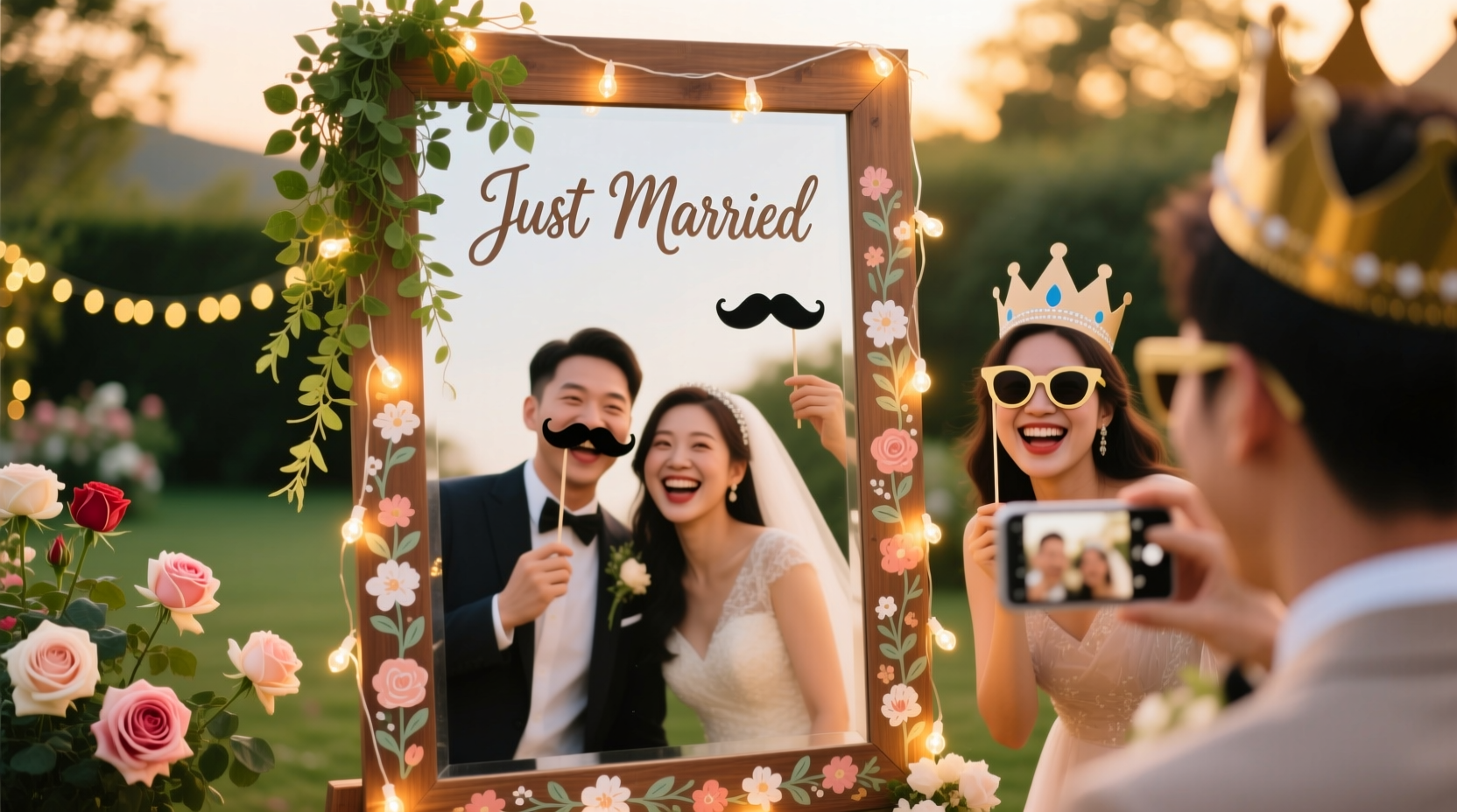 A sheet, a string of lights, and your cousin’s DSLR—your wedding photo booth, no DIY guilt required