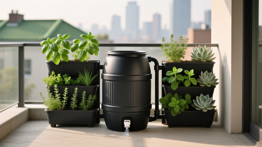Balcony Compact Rain Barrel Garden Setup