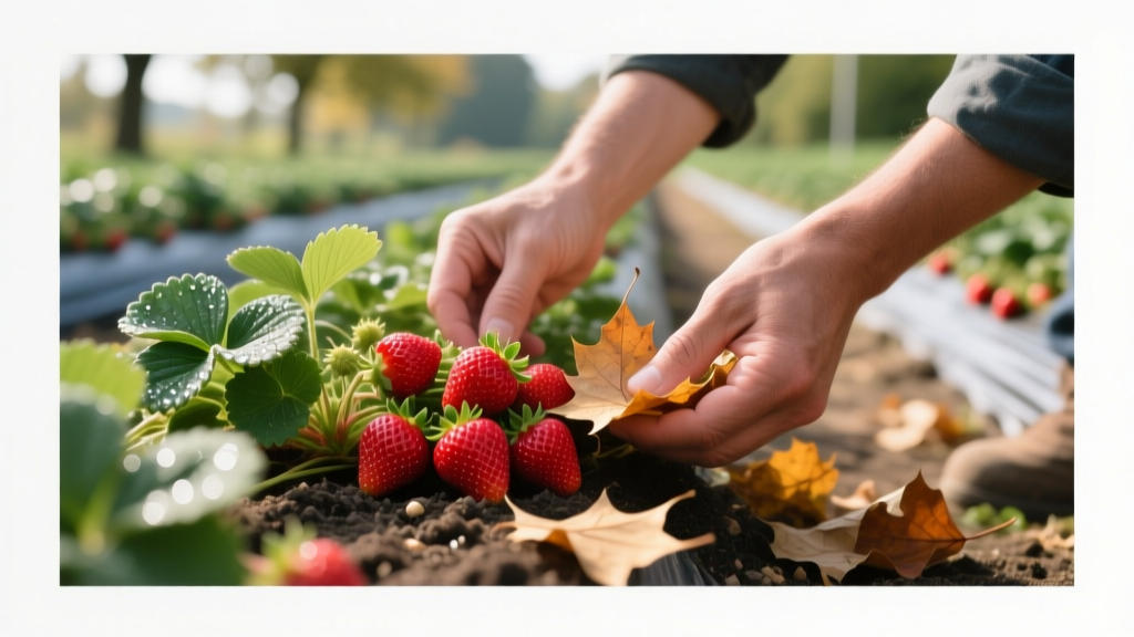 Cleaning Up Fallen Leaves Around Strawberries