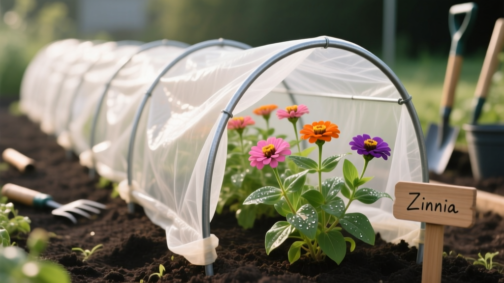 Row Cover Hoop Setup for Zinnias