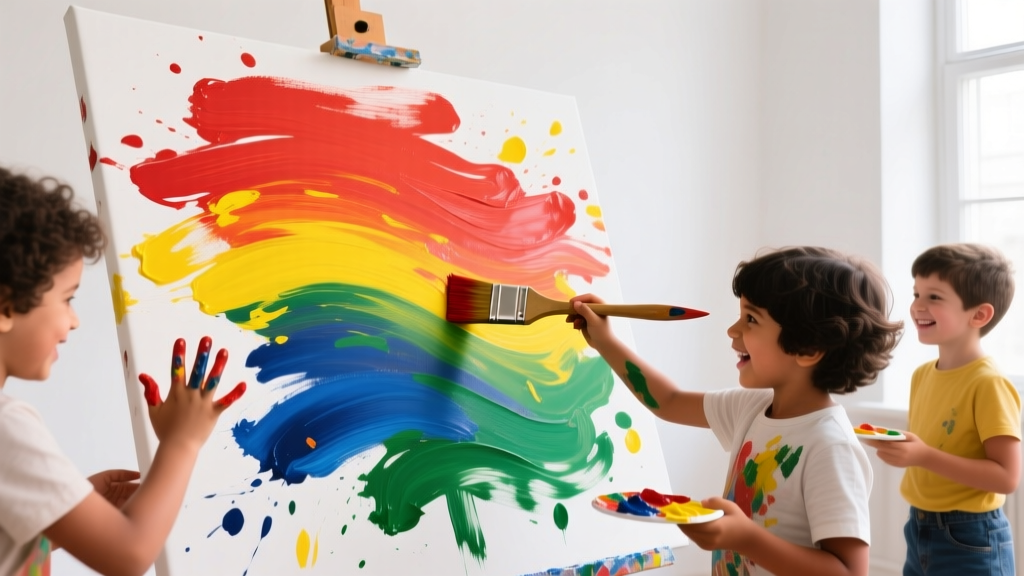 Children painting on canvas with bright colors