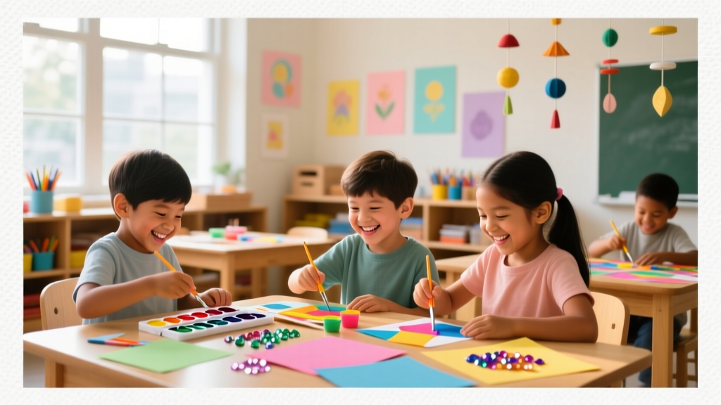 Children creating colorful arts and crafts projects
