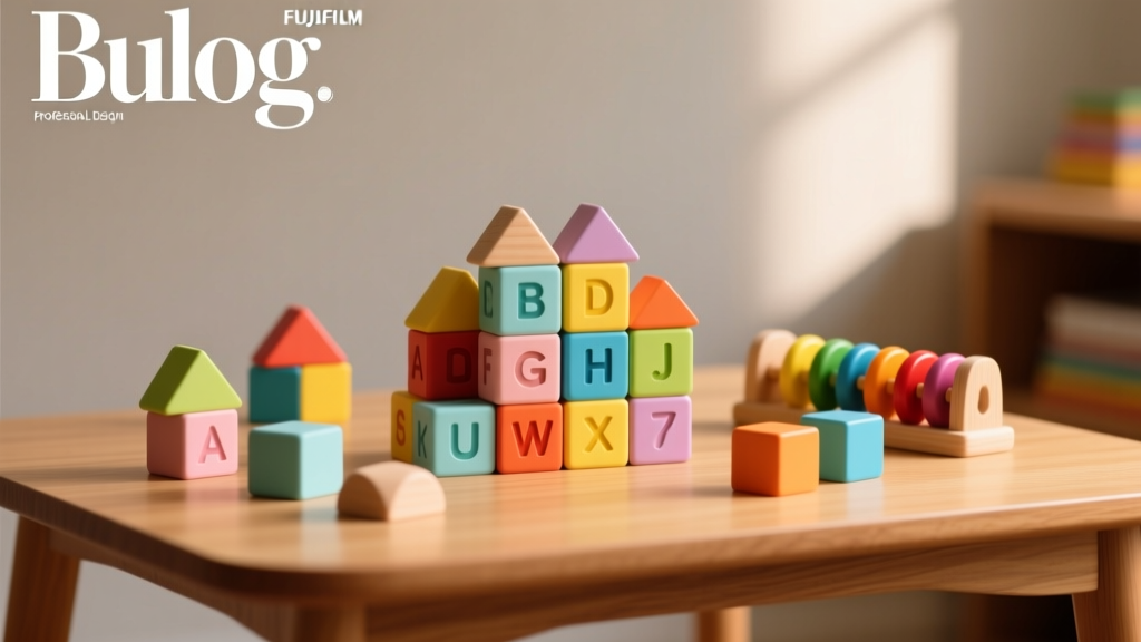 Colorful educational toys and learning blocks on a wooden table