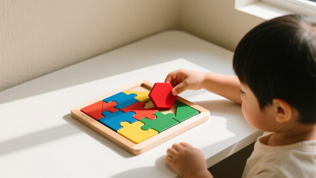 Child solving a colorful wooden puzzle