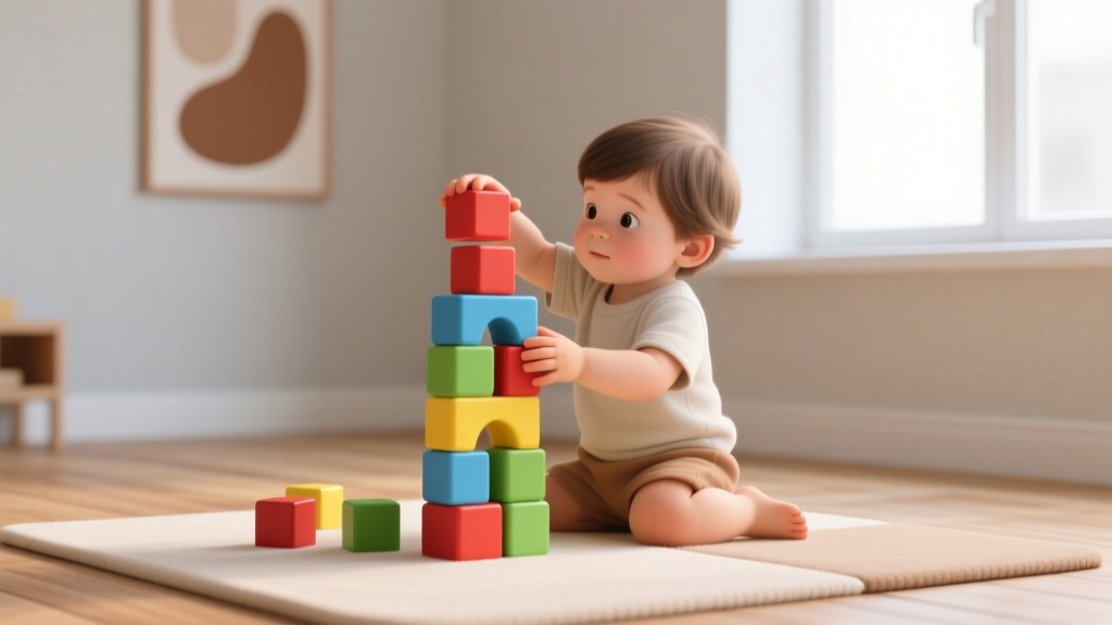 Child building with colorful educational blocks