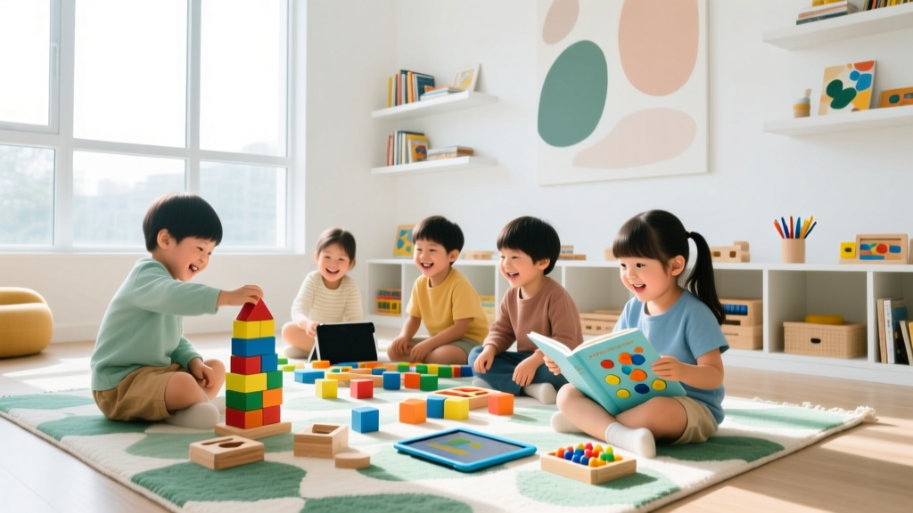 Happy children exploring educational toys in a bright modern playroom