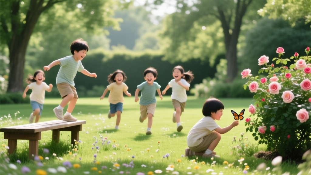 Children playing outdoors in a green garden
