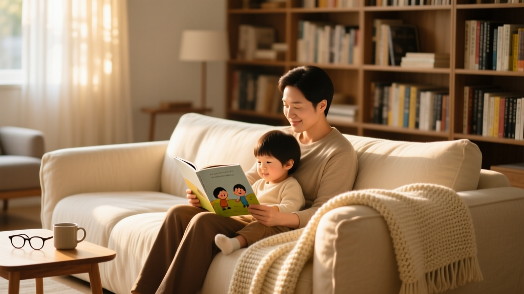 Parent and child reading together on a cozy sofa