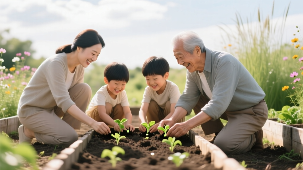 Family planting seeds in a garden together