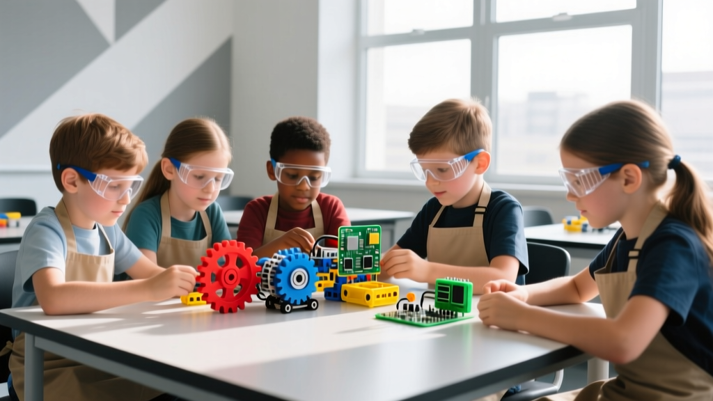 Kids building a robotics project with colorful components