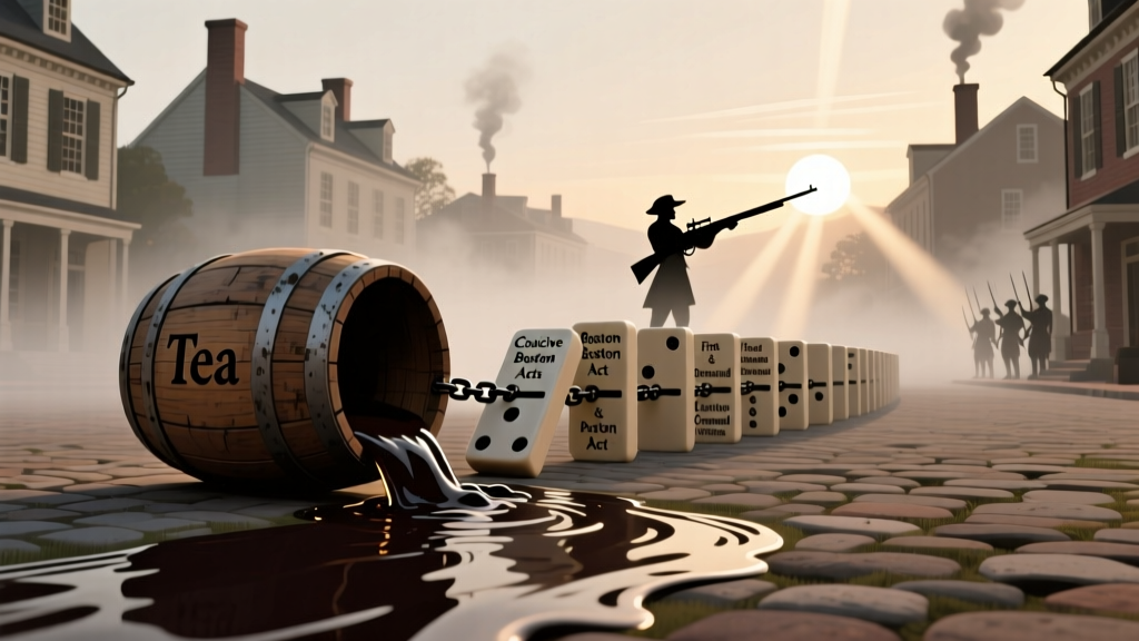 What Happened After the Boston Tea Party? The 12-Month Domino Effect That Forged a Nation — From Coercive Acts to Lexington’s First Shots (No Textbook Fluff)
