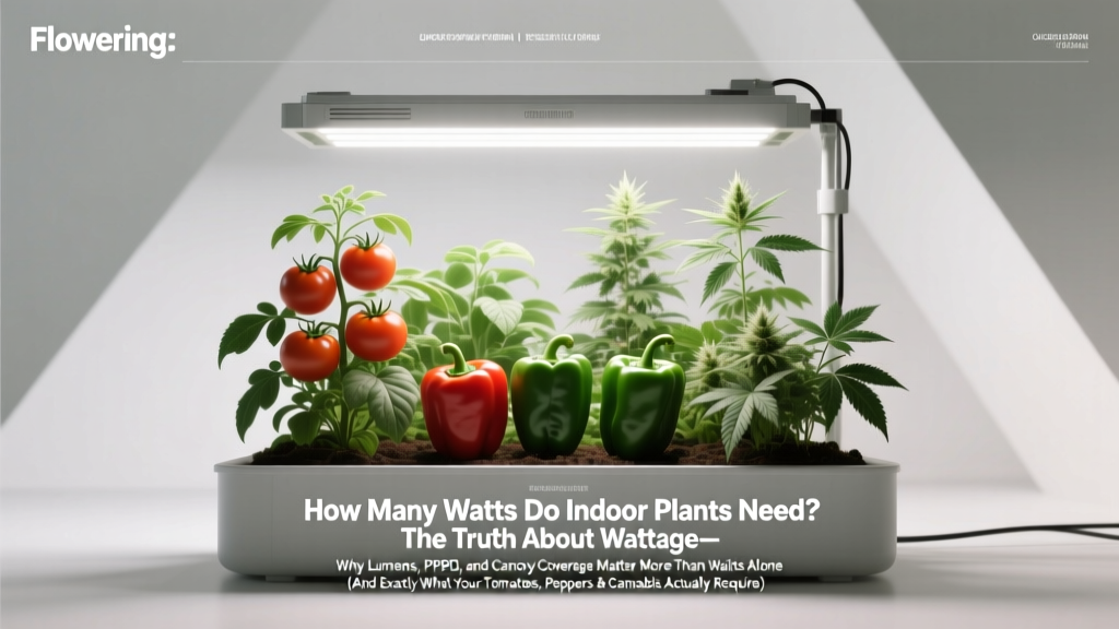 Flowering How Many Watts Do Indoor Plants Need? The Truth About Wattage—Why Lumens, PPFD, and Canopy Coverage Matter More Than Watts Alone (And Exactly What Your Tomatoes, Peppers & Cannabis Actually Require)