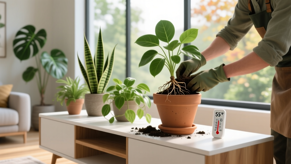 What Temperature to Bring Plants Indoors Repotting Guide: The Exact 55°F Threshold Most Gardeners Miss (Plus When & How to Repot Without Shocking Your Plants)