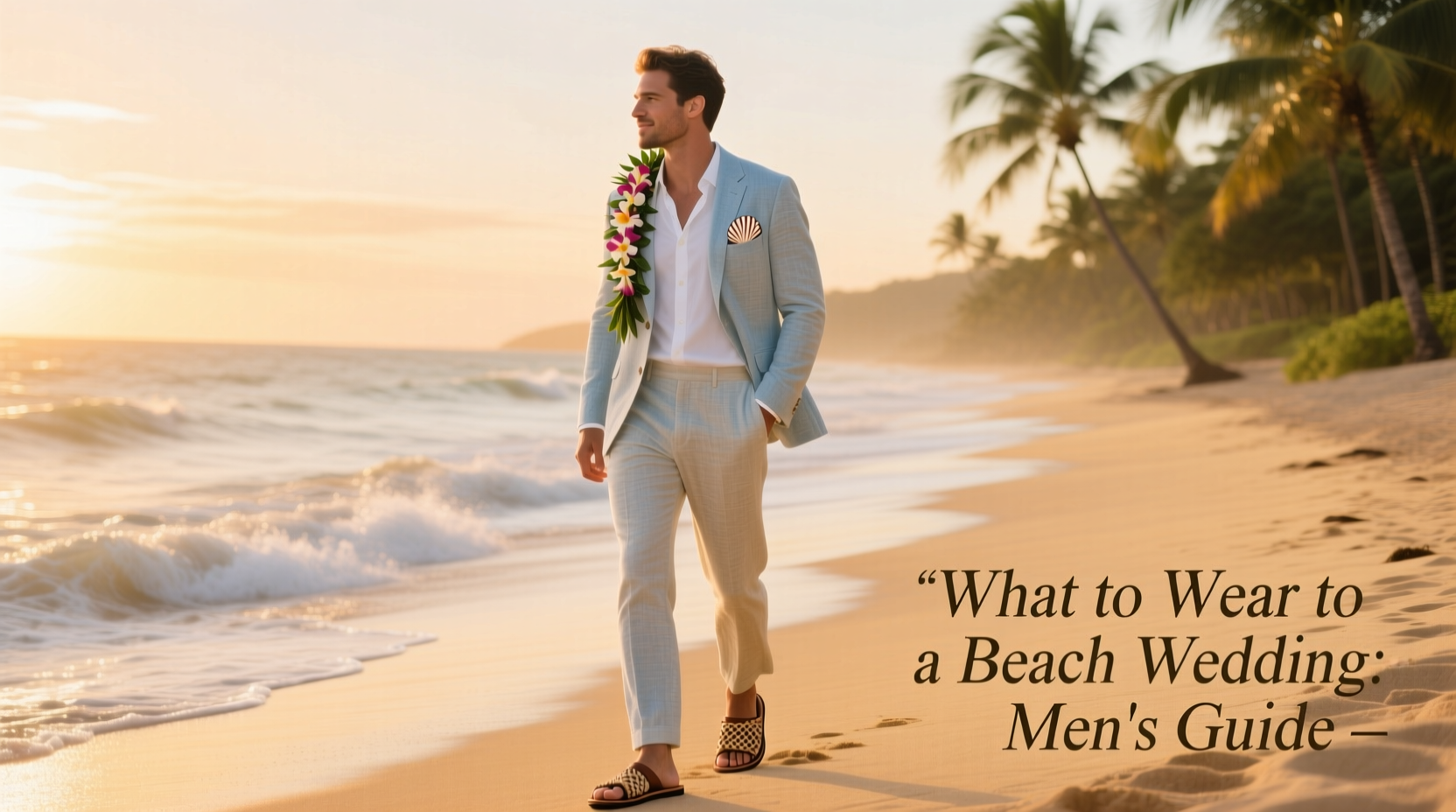 Linens, loafers, and no socks: how men dress smartly—and comfortably—for sand-between-the-toes weddings