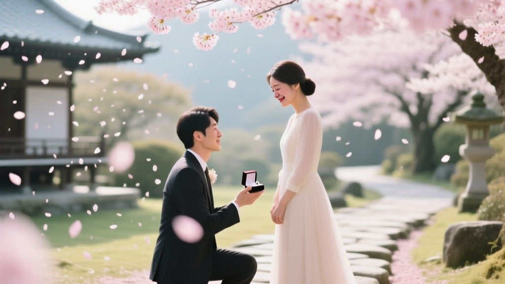 Proposal During a Cherry Blossom Petal Shower