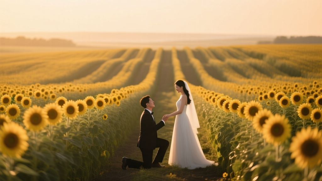 Proposal During a Golden Hour in a Sunflower Field