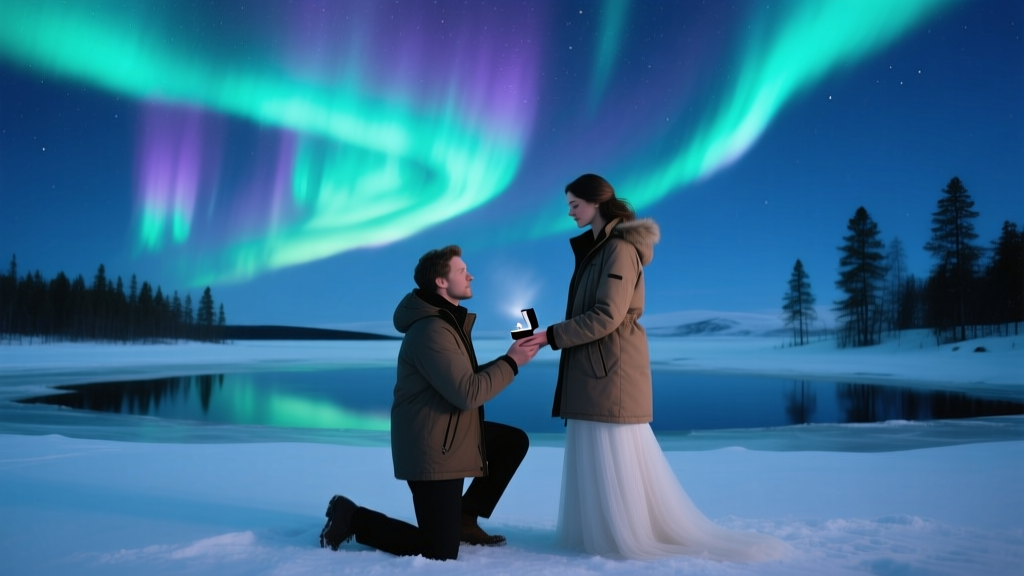 Proposal During a Northern Lights Viewing Arctic Romance