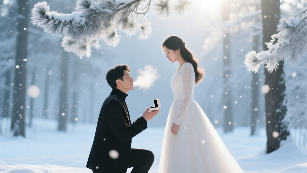 Proposal During a Snowfall Magical Winter Moment