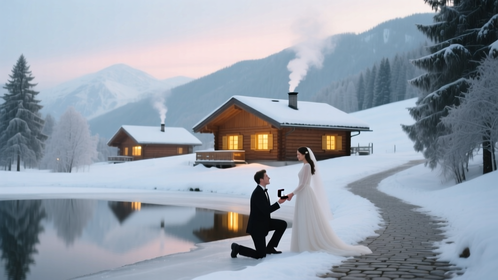 Proposal During a Snow-Covered Village Winter Charm