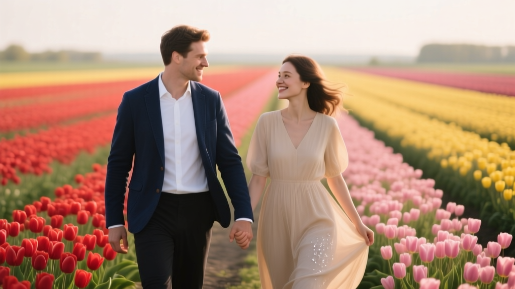 Proposal During a Tulip Field Walk Dutch Romance